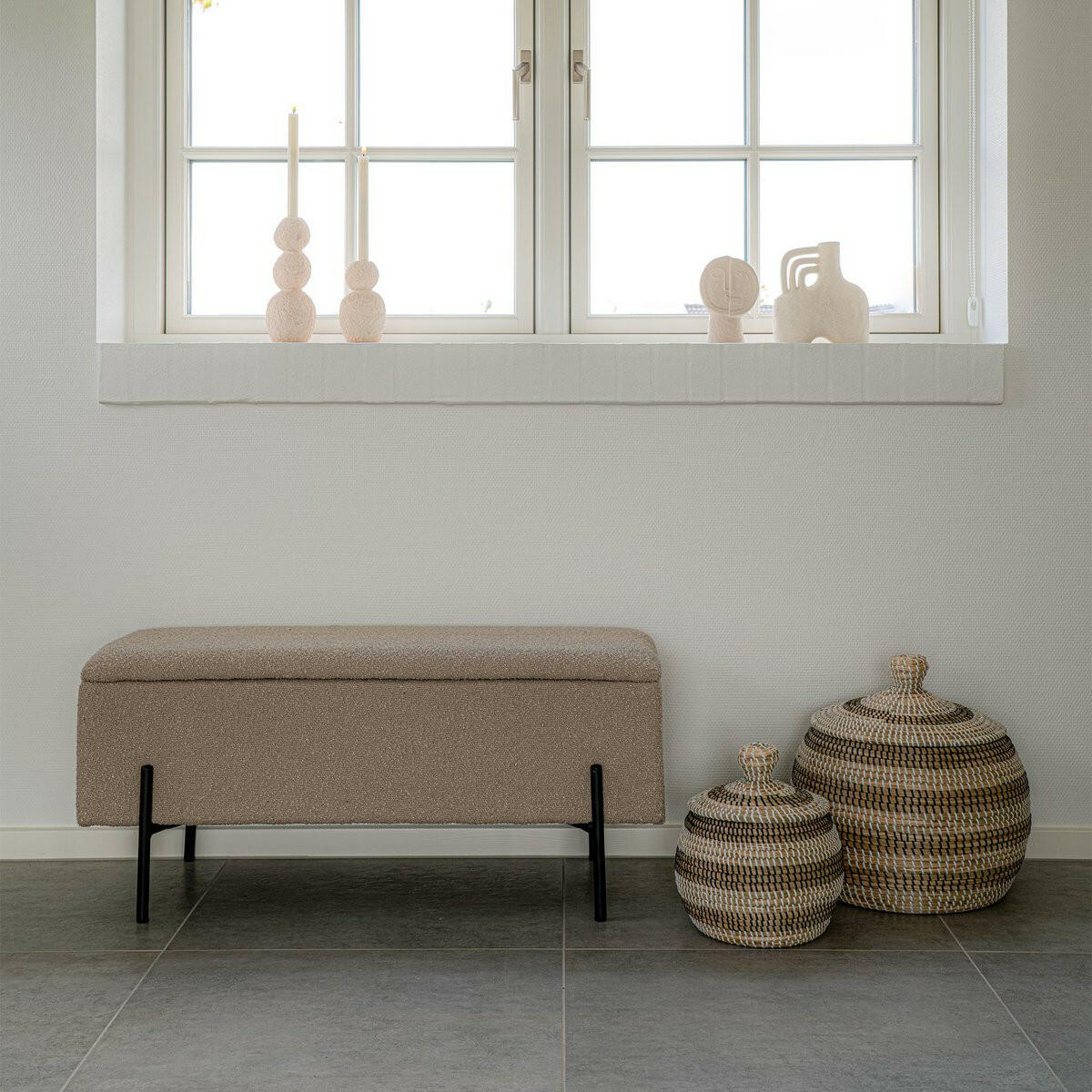 Watford Bench - Bank In Bouclé Met Opbergruimte Beige Zwarte Poten 95X36 5X46 Cm Hn1233
